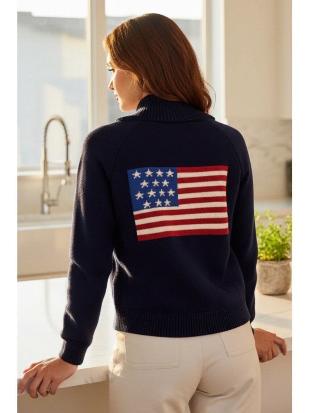 American USA Flag V-Neck Button Front Patch Pocket Long Sleeve Box Knit Cardigan